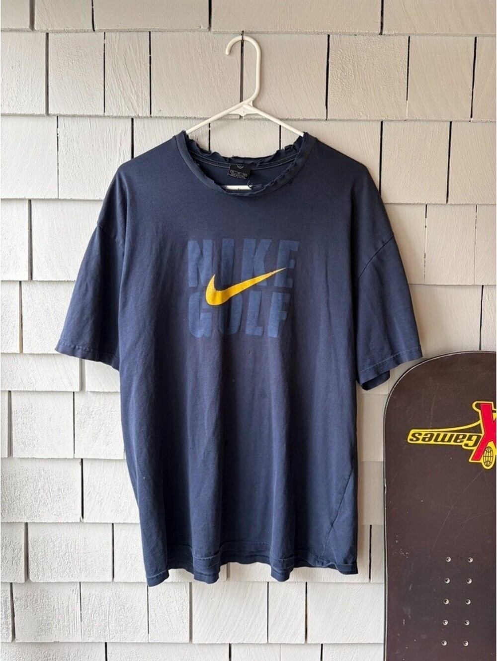Nike Golf Center Logo Spellout Tee Y2K Mens XL Blue Distressed Faded